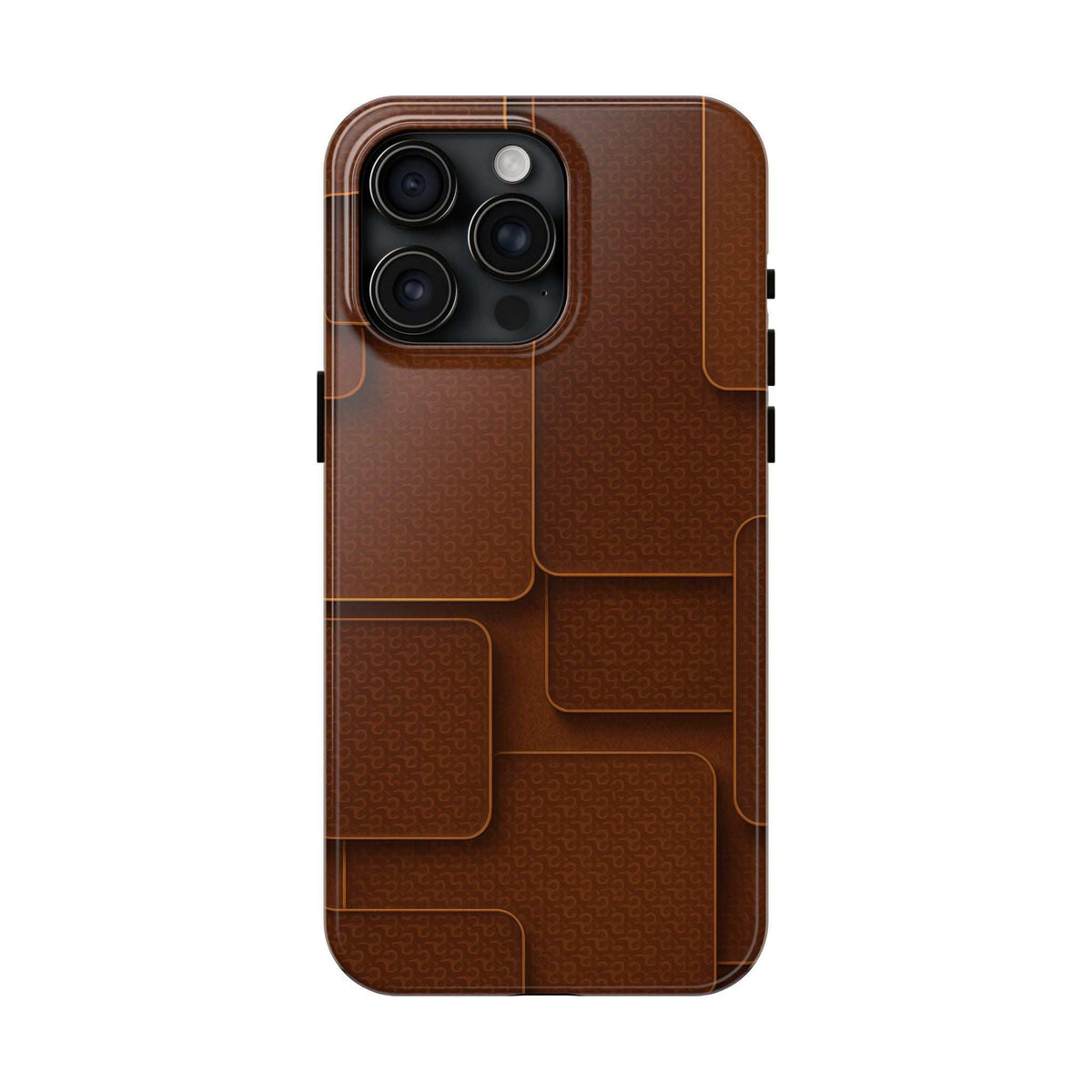 Textured brown phone case with embossed patch pattern and camera cutouts