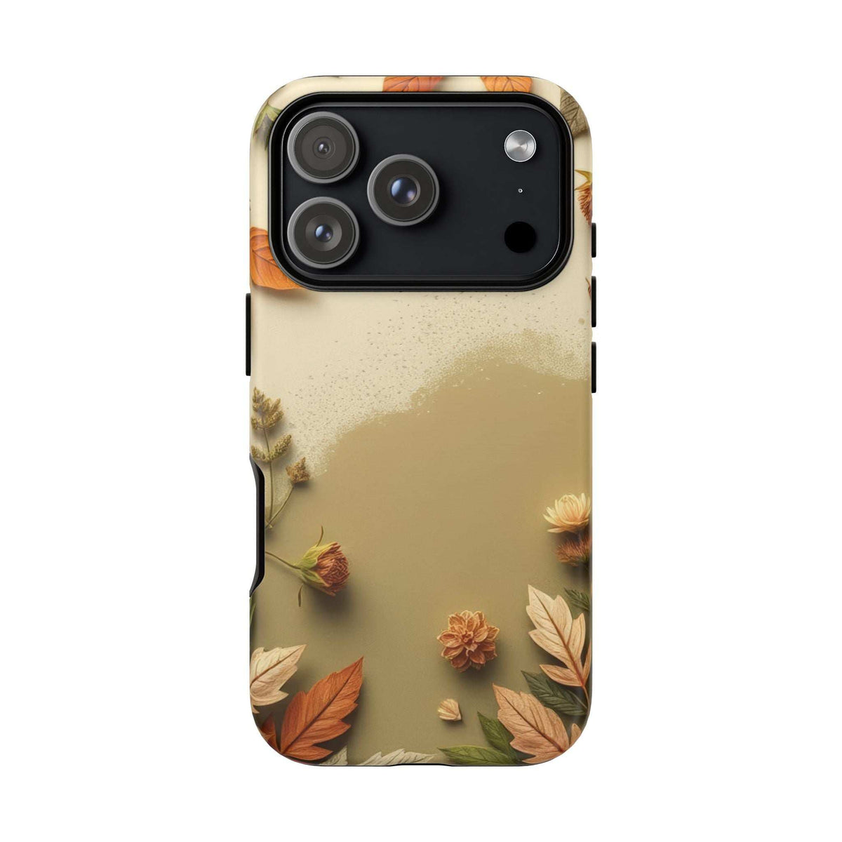 Mobile phone case featuring beige background with autumn leaves and camera module