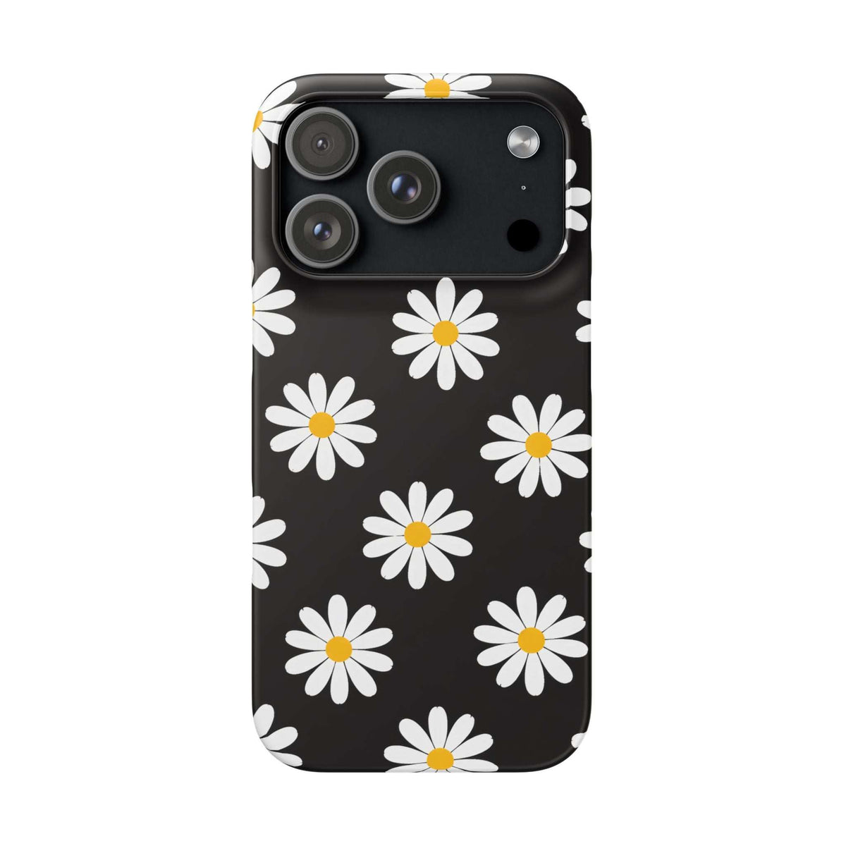 Black phone case with white daisies and yellow centers; top camera cluster and cutouts visible