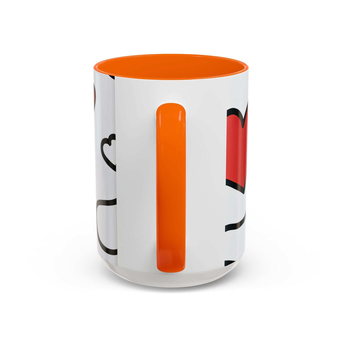 White ceramic mug with orange rim, heart and lips print with vertical orange stripe