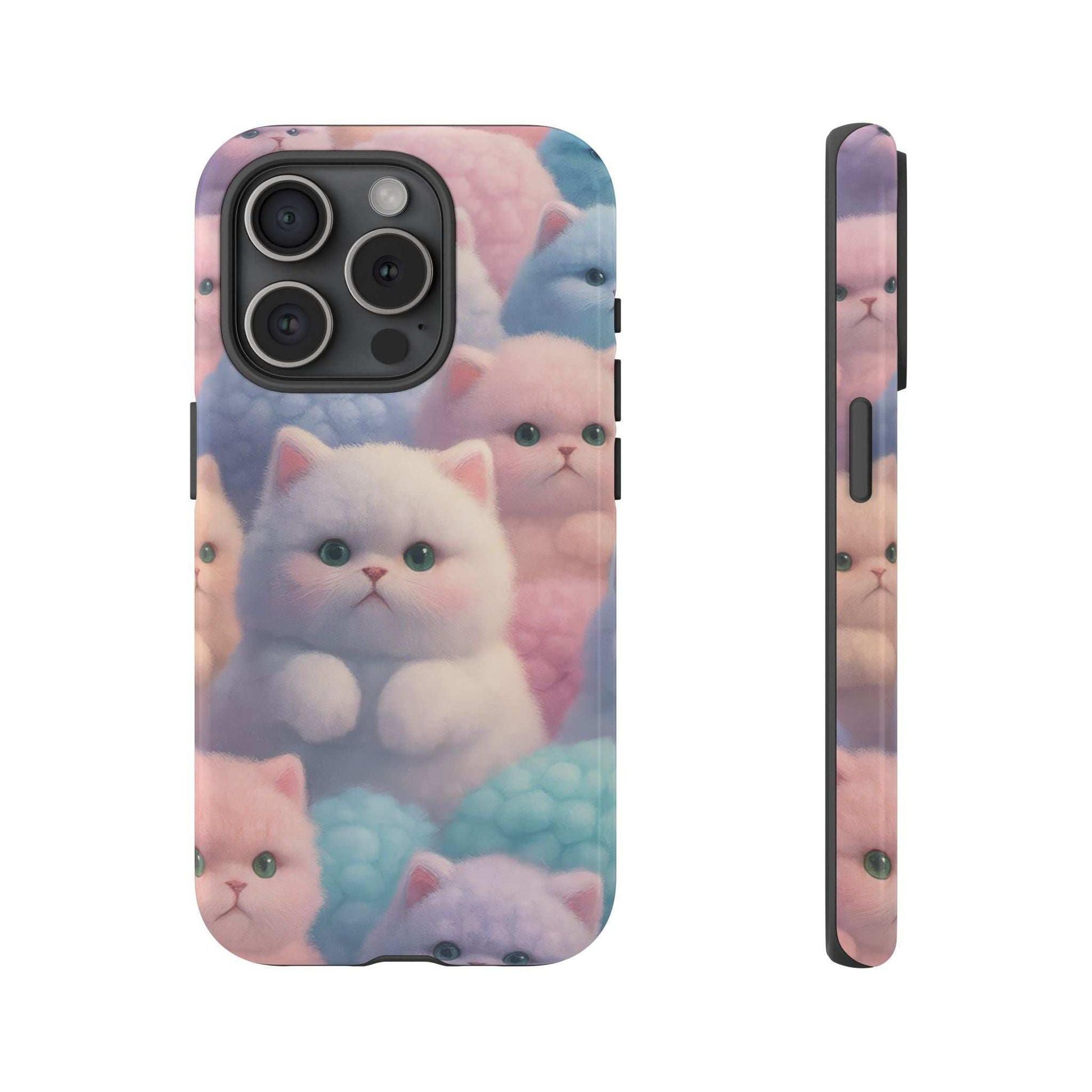 Glossy phone case with pastel kitten and blue fish design, side profile view