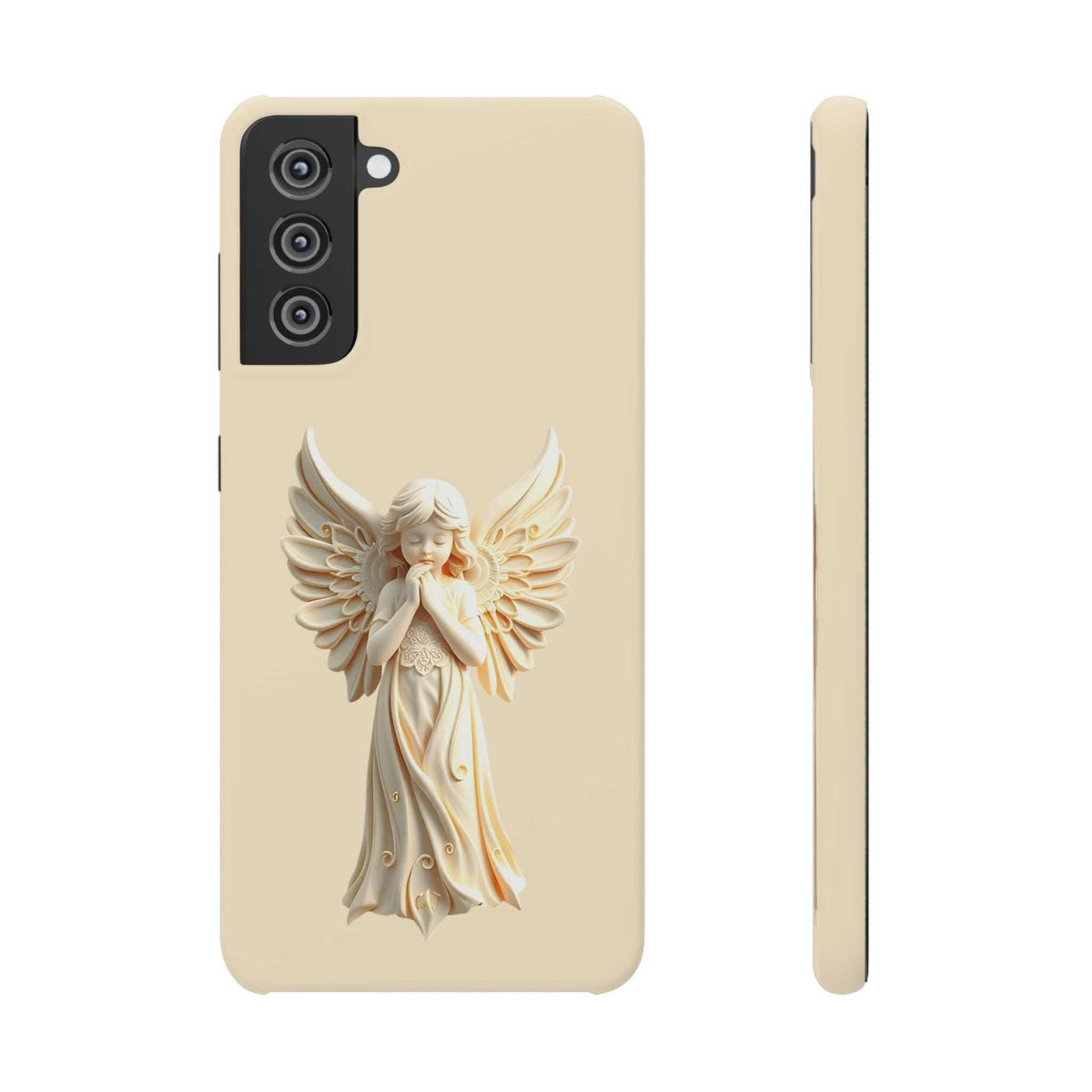 Beige angel phone case with cherub graphic, camera cutout, front and side view