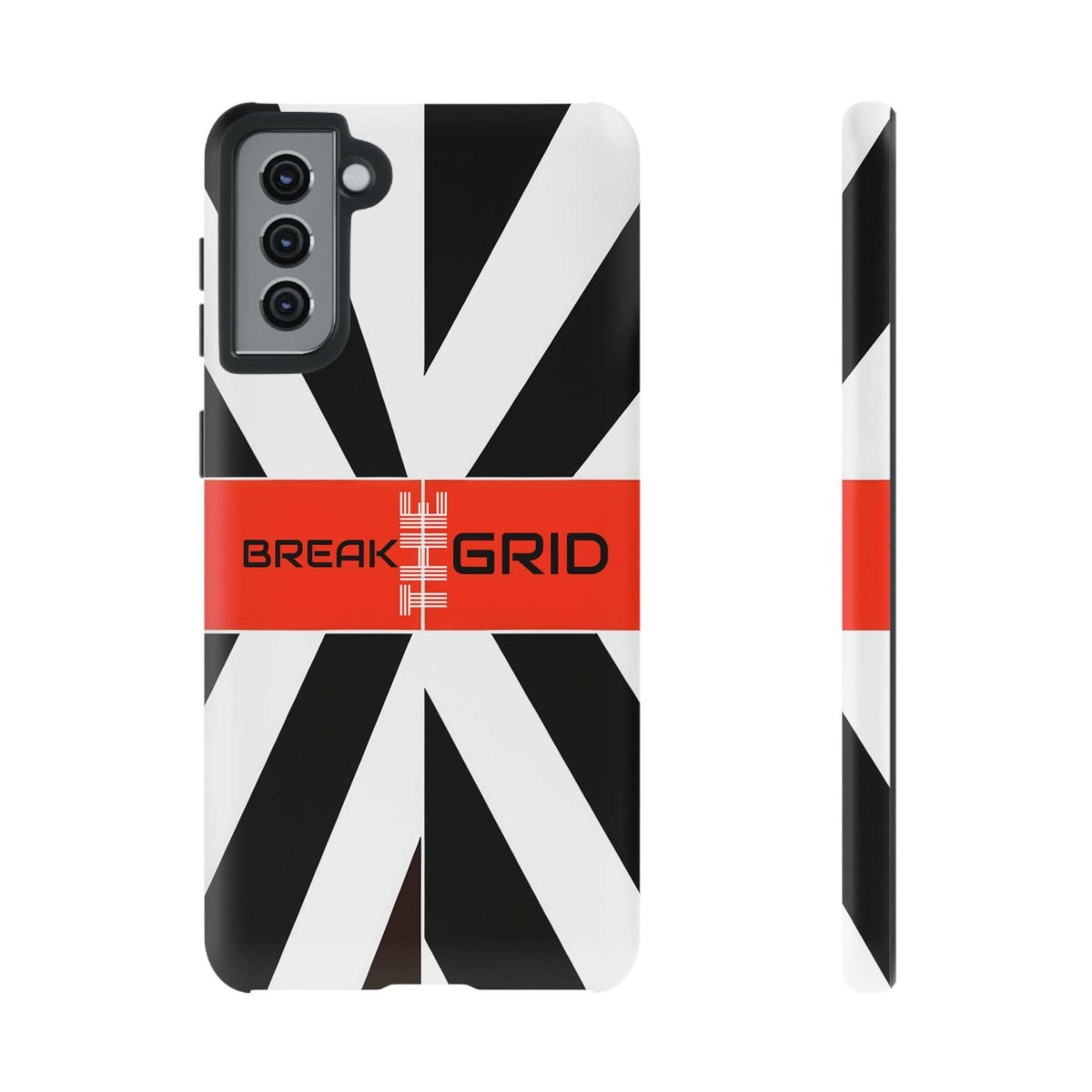 Phone case with black-and-white geometric stripes, red "Break Grid" band, front and side view.