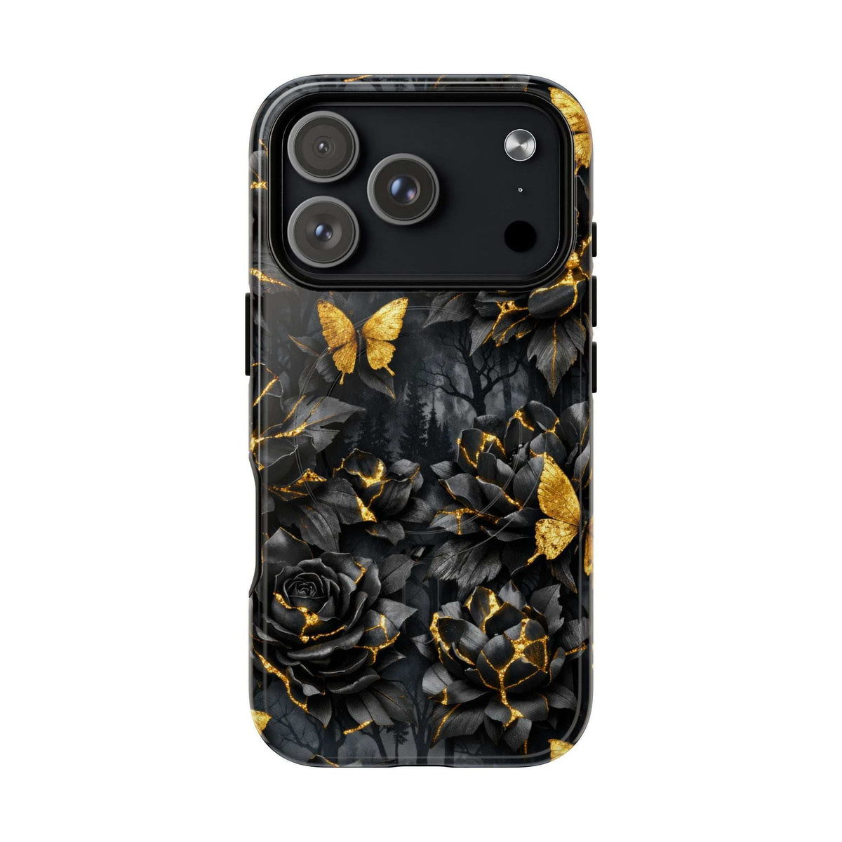 iPhone phone case with black roses and butterflies, gold kintsugi crack pattern and camera cutout