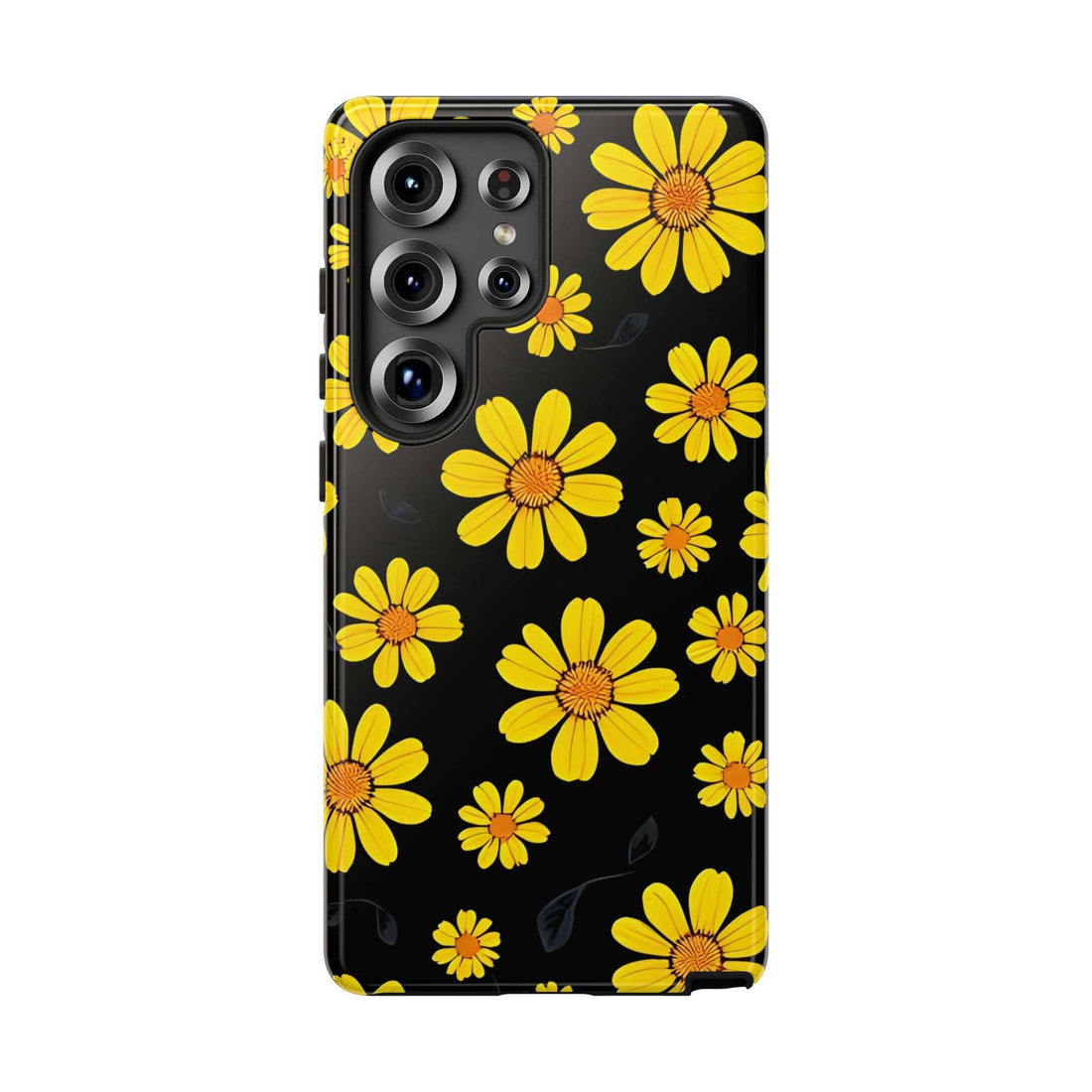 Black phone case with yellow daisy floral pattern and raised camera cutouts