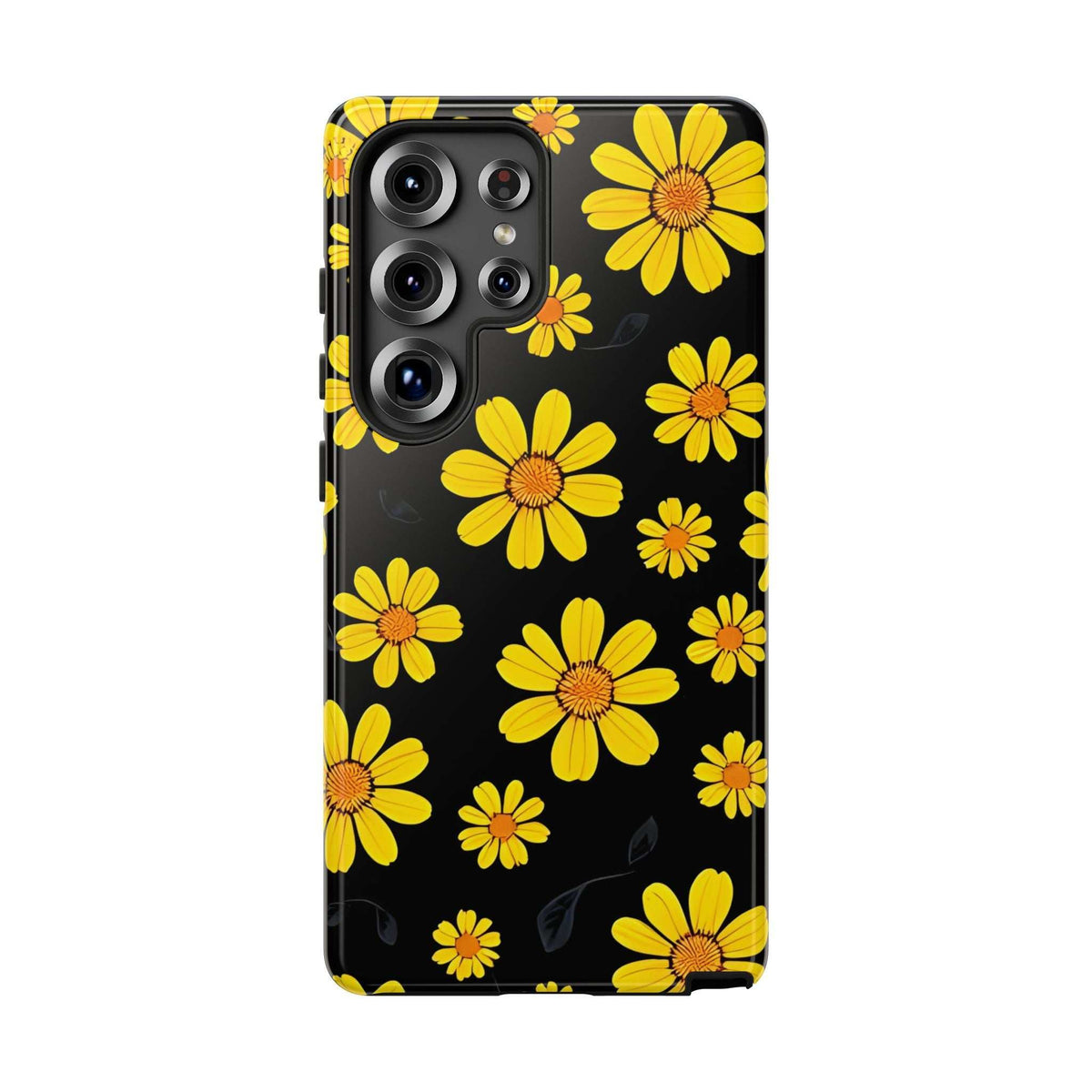 Black phone case with yellow daisy floral pattern, visible camera module openings