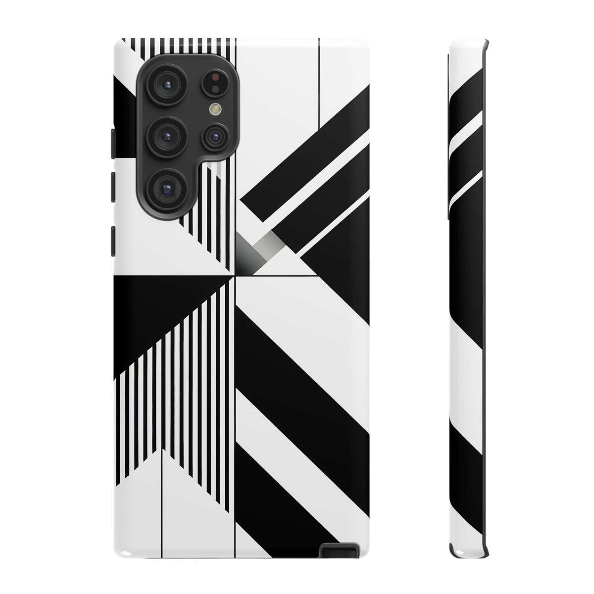 Monochrome tough phone case with black-and-white geometric stripes, raised camera cutouts