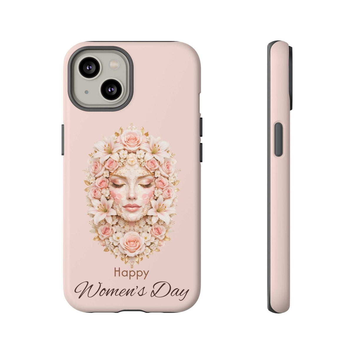 Pink phone case showing floral woman portrait with “Happy Women’s Day” text; side profile.