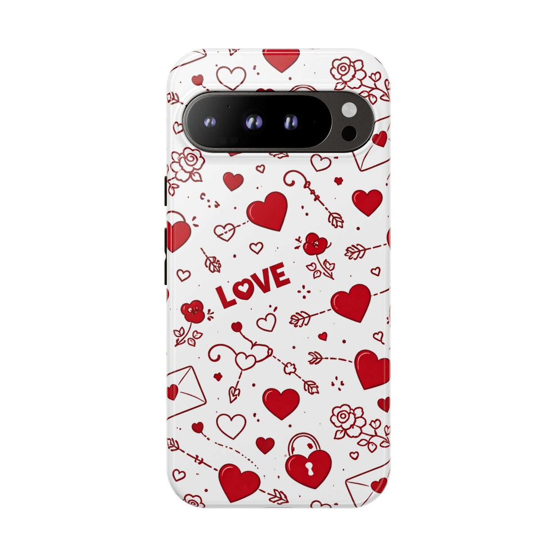 White phone case with red heart doodles and LOVE text; cutouts for rear cameras