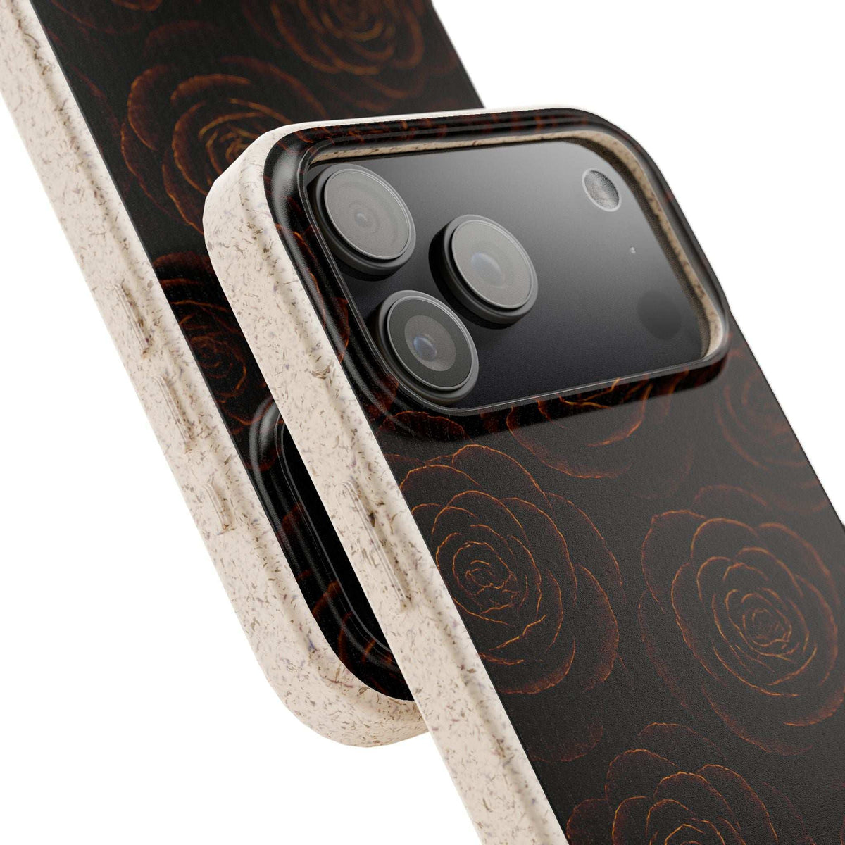 Wooden roses phone case, angled view with dark floral roses design and camera cutout