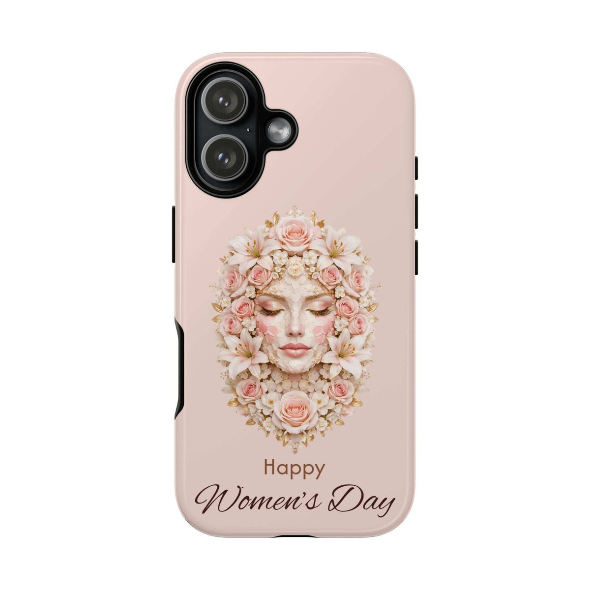 Light pink phone case with floral woman face artwork and 'Happy Women’s Day' text