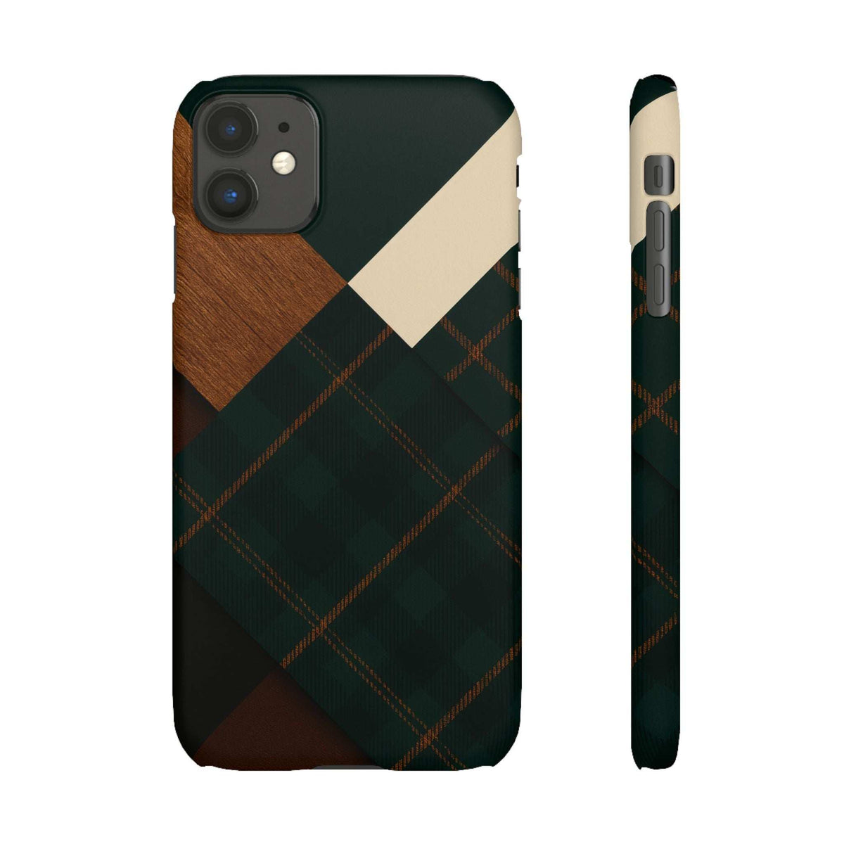 Rustic phone case with green plaid pattern and tan wood-look texture, cream geometric stripe