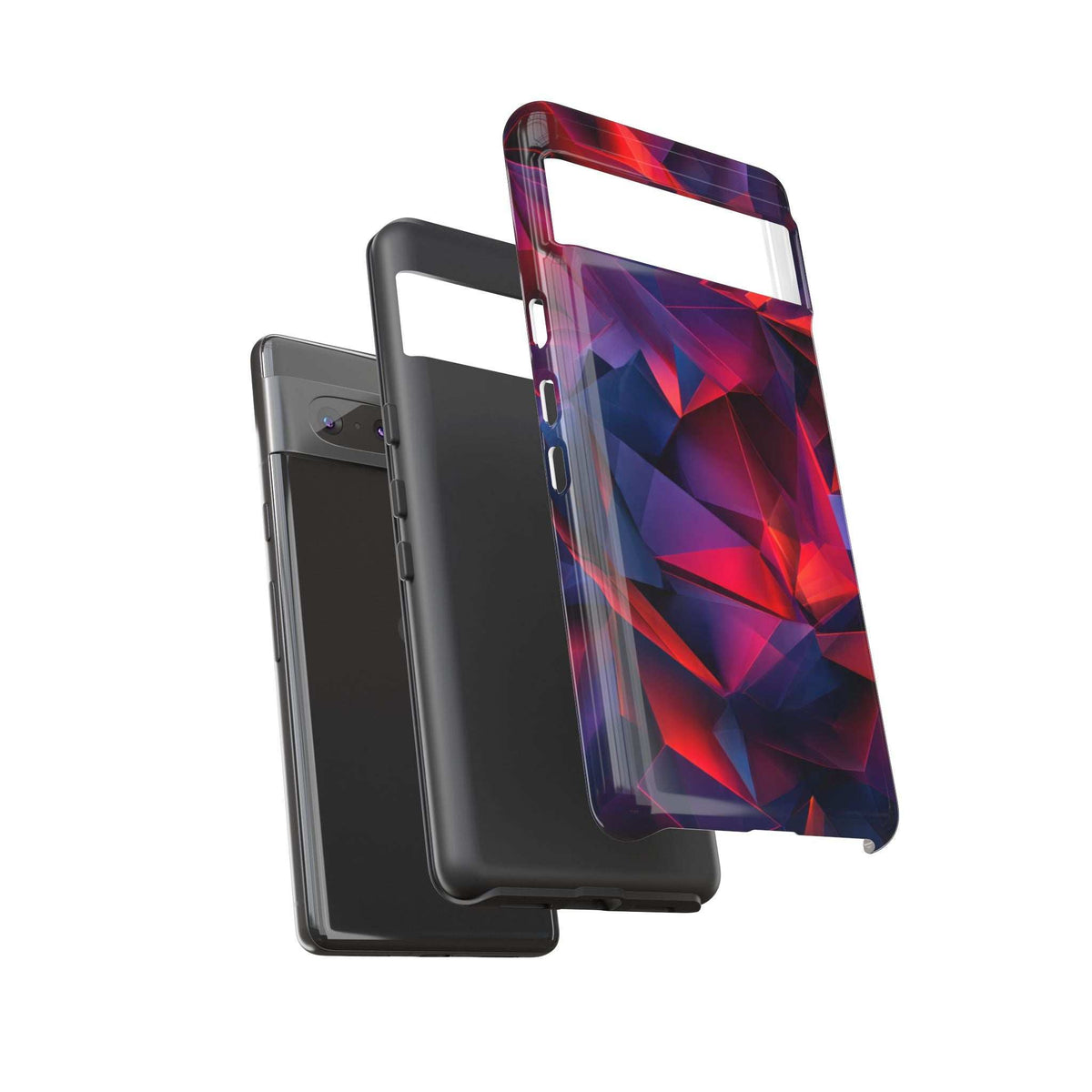 Glossy crystalline prism phone case with red-blue angular pattern, side cutouts visible