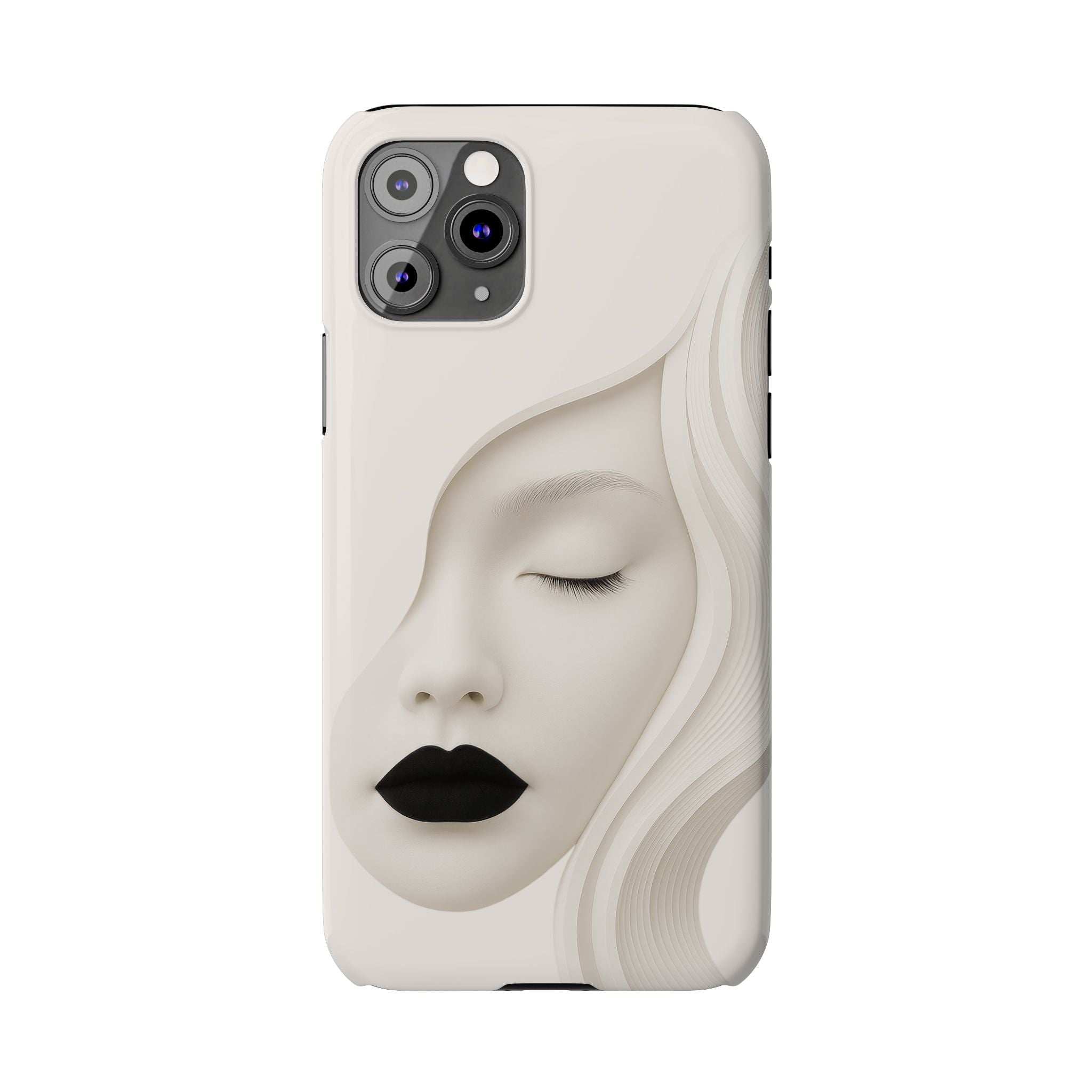 Minimalist face phone case for iPhone 11–17, beige back with face art and camera module cutout.