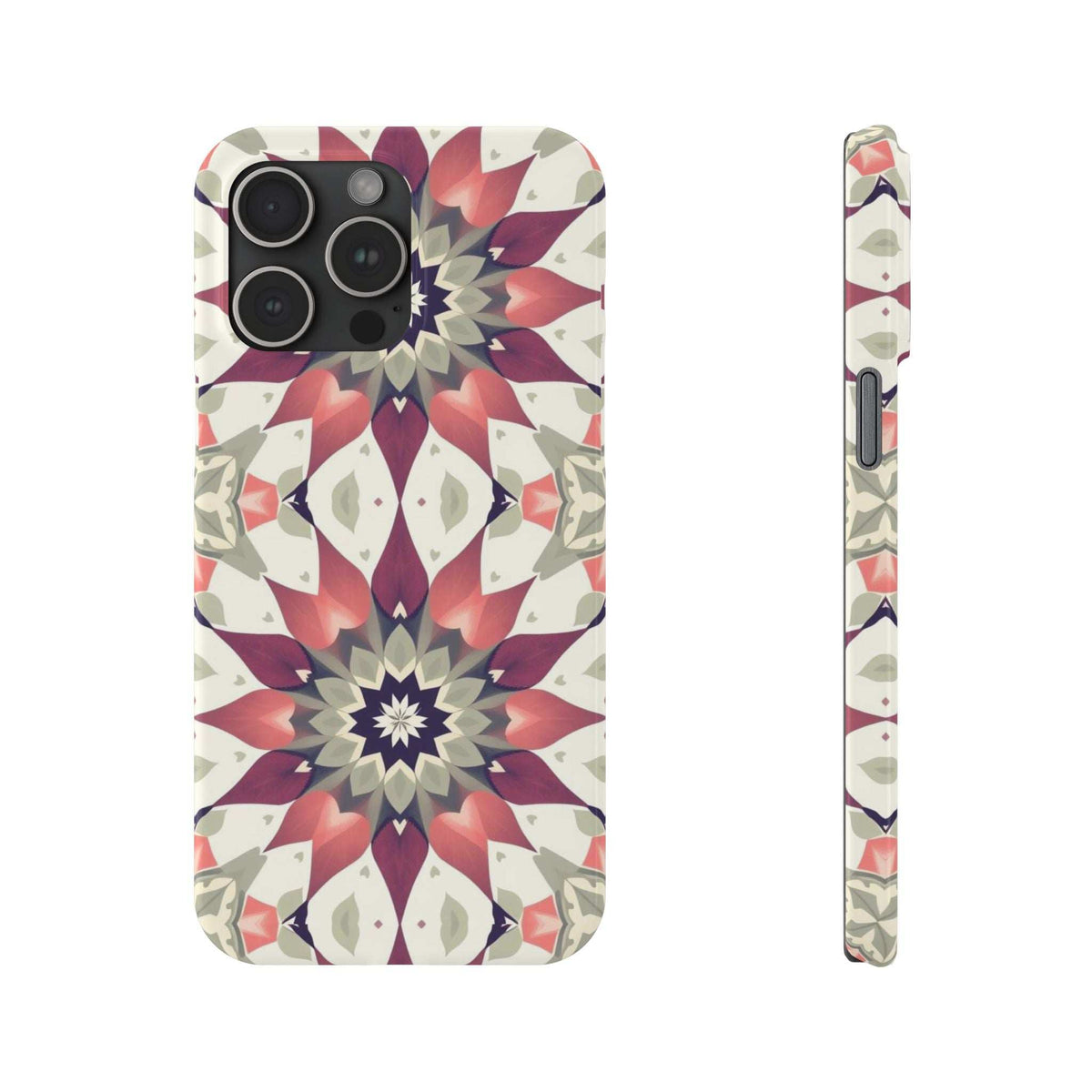Smartphone phone case front view plus thin side profile with burgundy mandala pattern