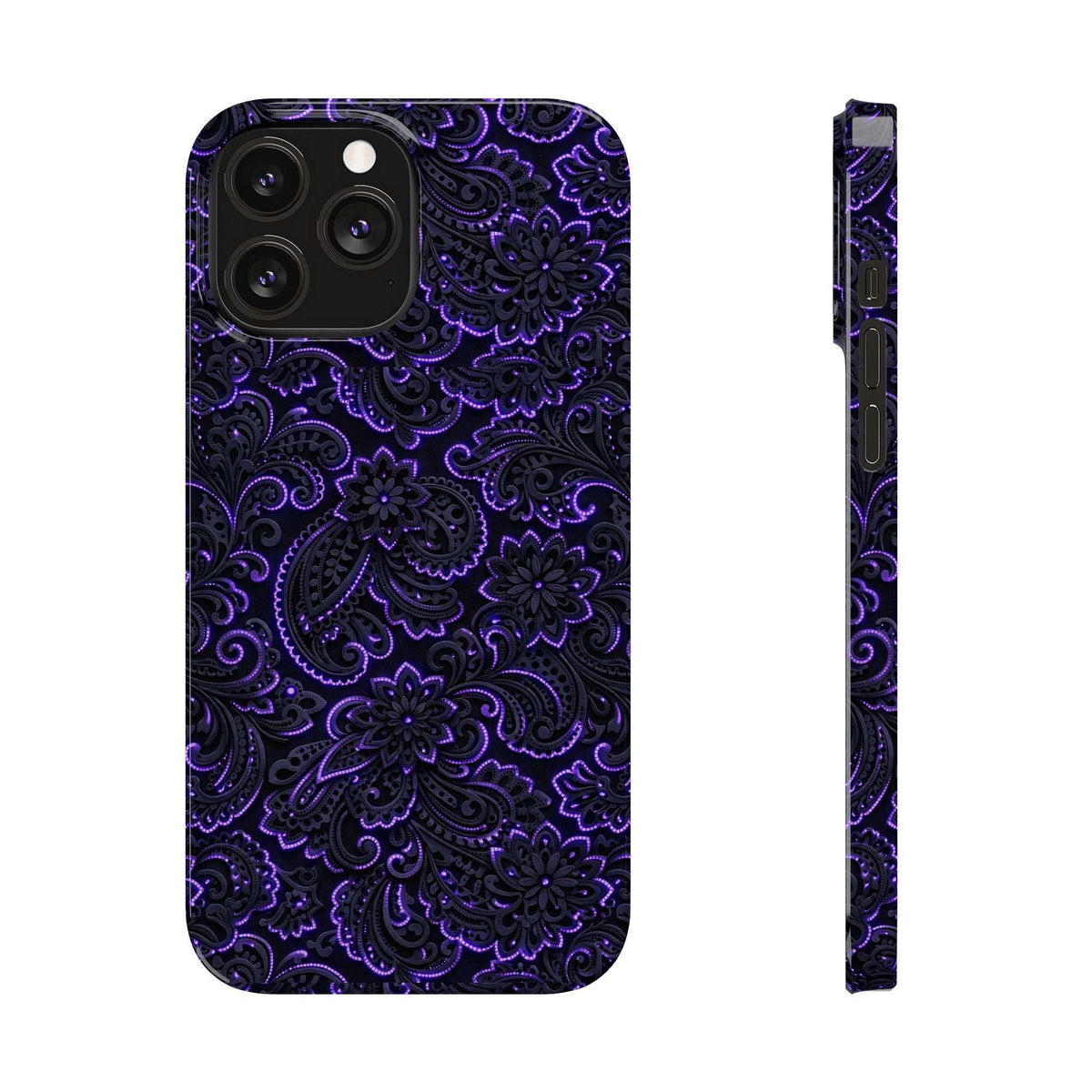 Phone case with neon purple paisley pattern on dark background, front and side edge shown.
