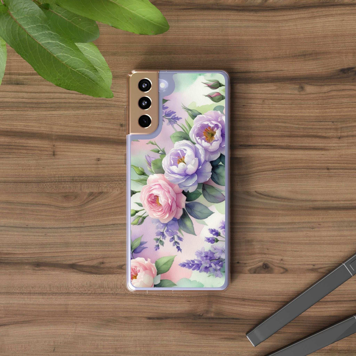 Clear floral phone case featuring pastel peonies and leaves on a light background