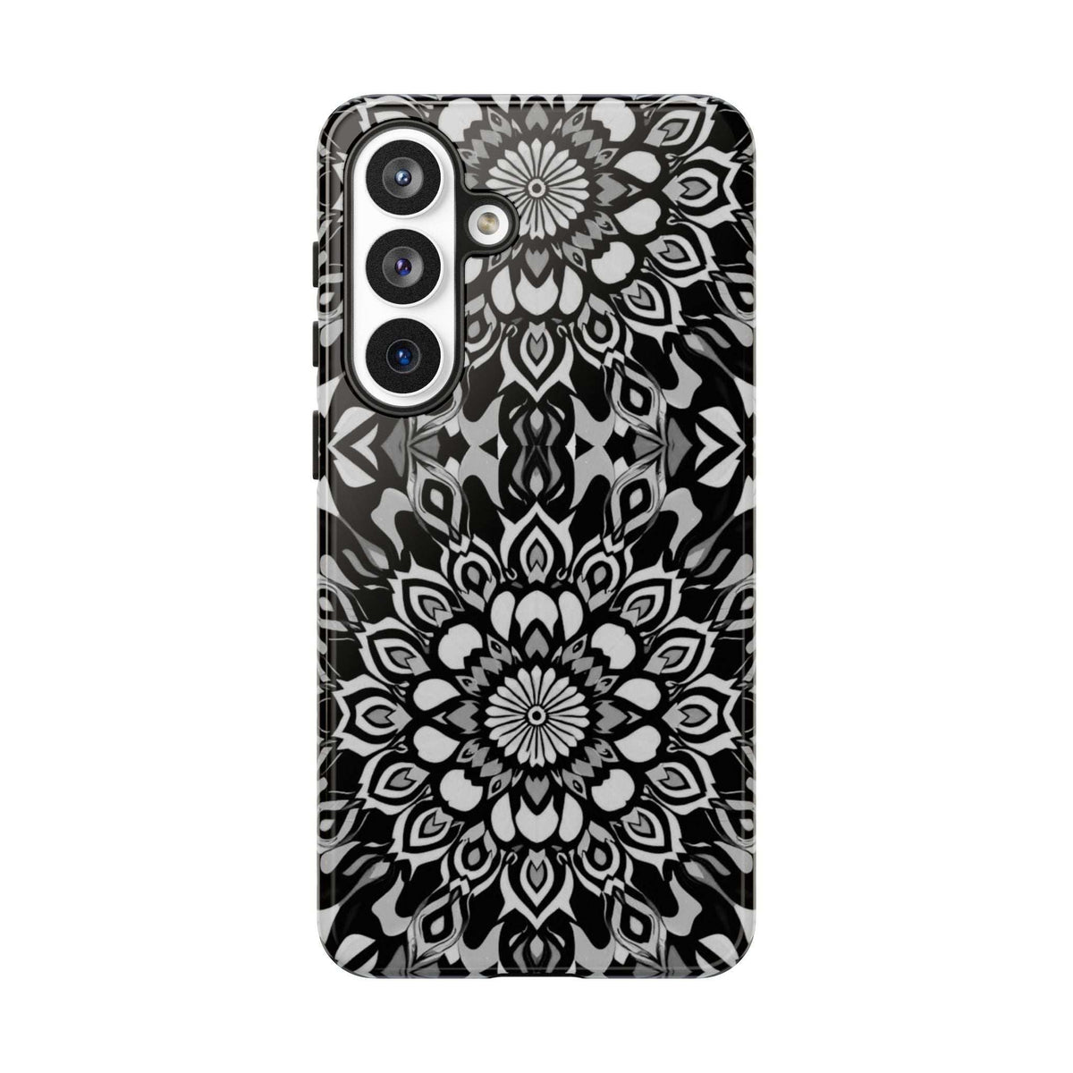 Phone case with black-and-white mandala print, multi-camera cutouts and flash