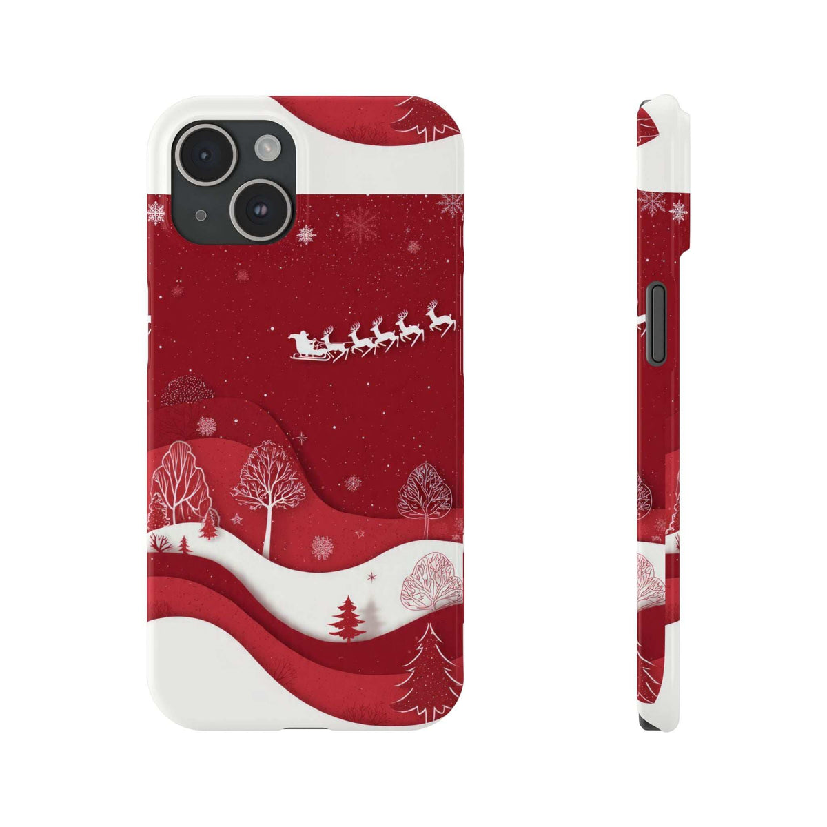 Festive winter phone case with red snowy landscape, sleigh silhouettes, and tree graphics.