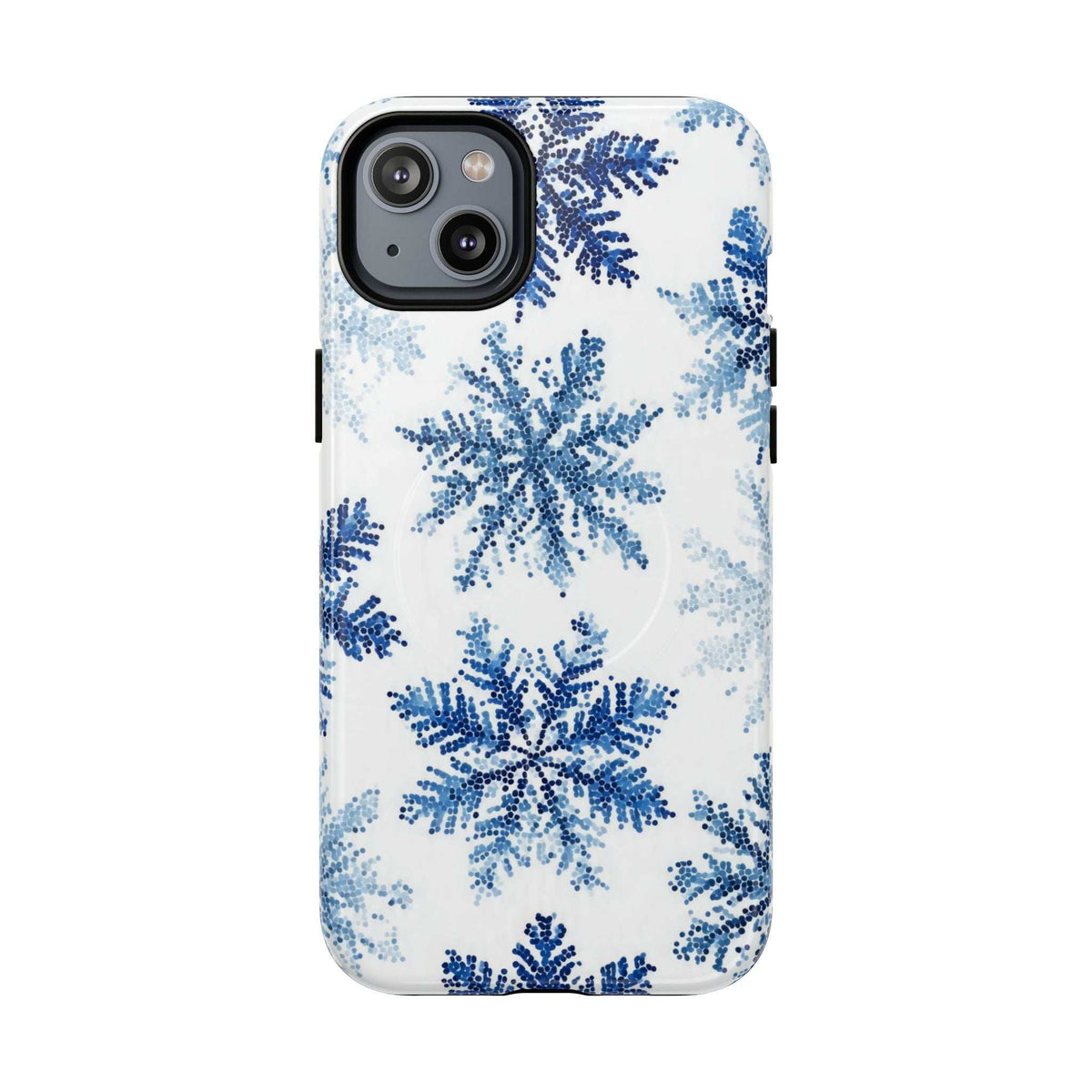 Snowflake phone case for iPhone 13-17, white with blue snowflake print, dual camera cutout