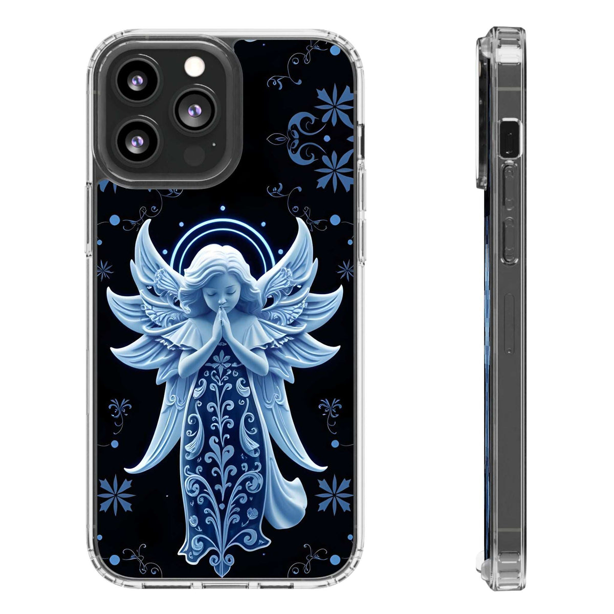 Phone case with blue angel prayer figure, clear sides, and dark floral accents