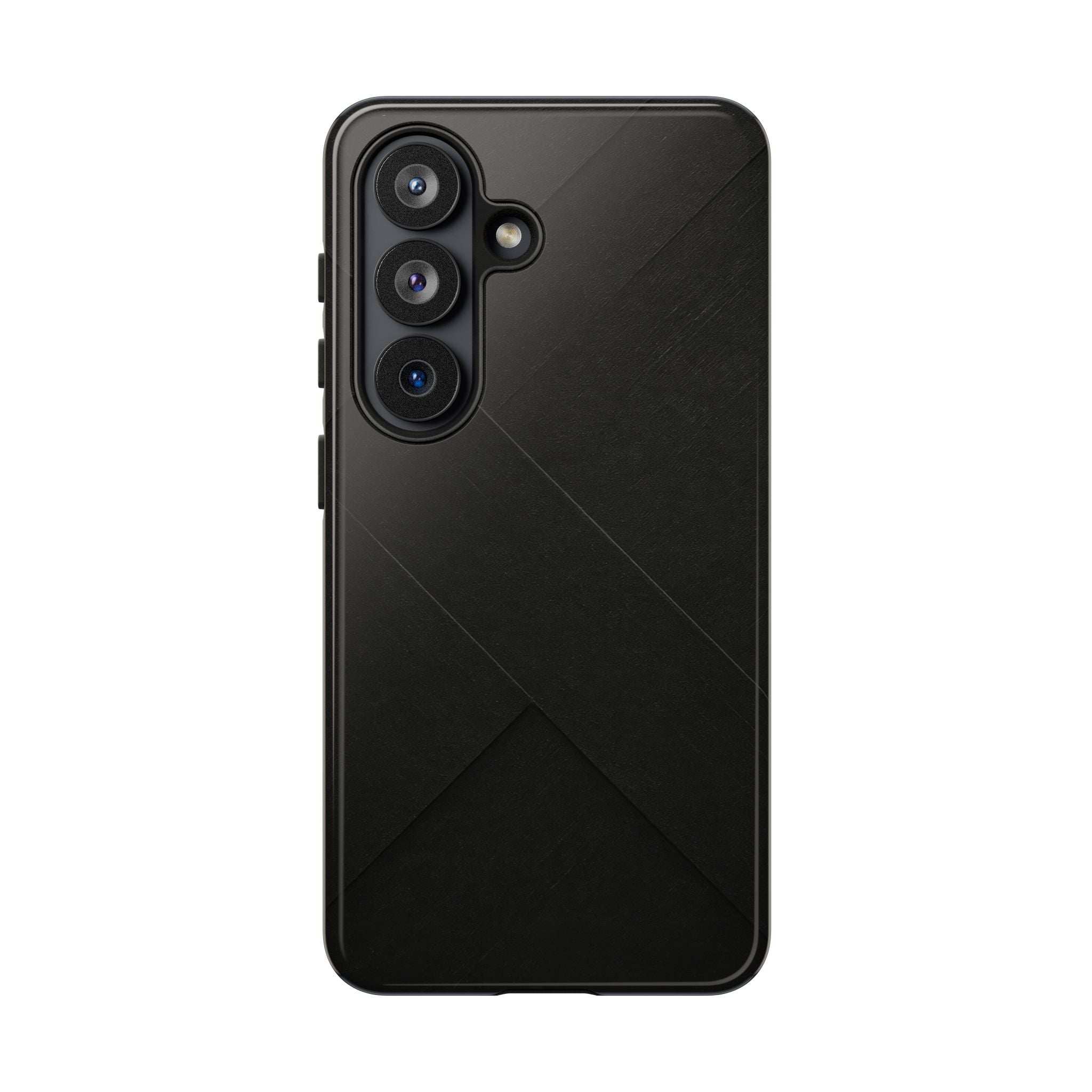 Matte black phone case with diagonal line pattern and triple camera cutouts