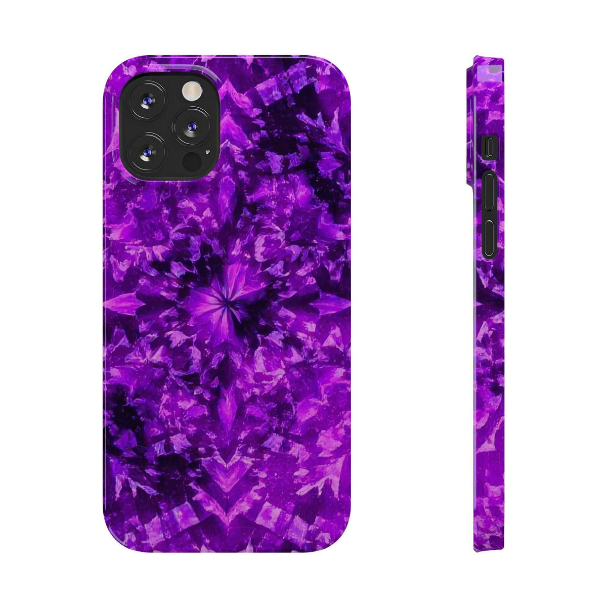 Purple kaleidoscope phone case front and slim side, starburst floral pattern with cutouts