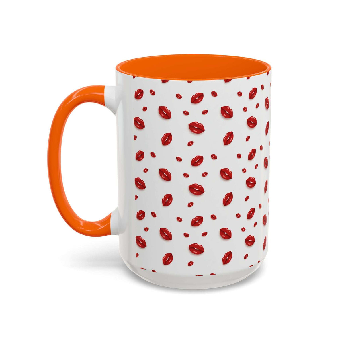 Orange-accent coffee mug with red lips pattern and orange handle, angled view