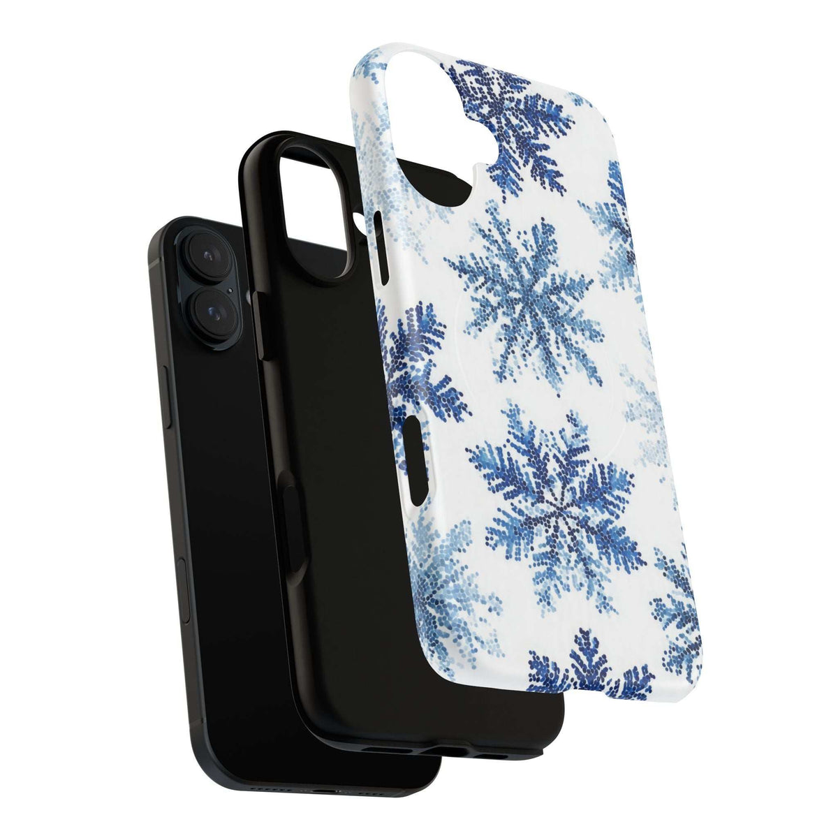Slim iPhone phone case featuring blue snowflakes on white