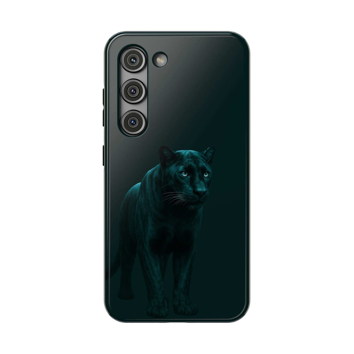 Black phone case with teal panther graphic, back view with three-lens camera cutouts