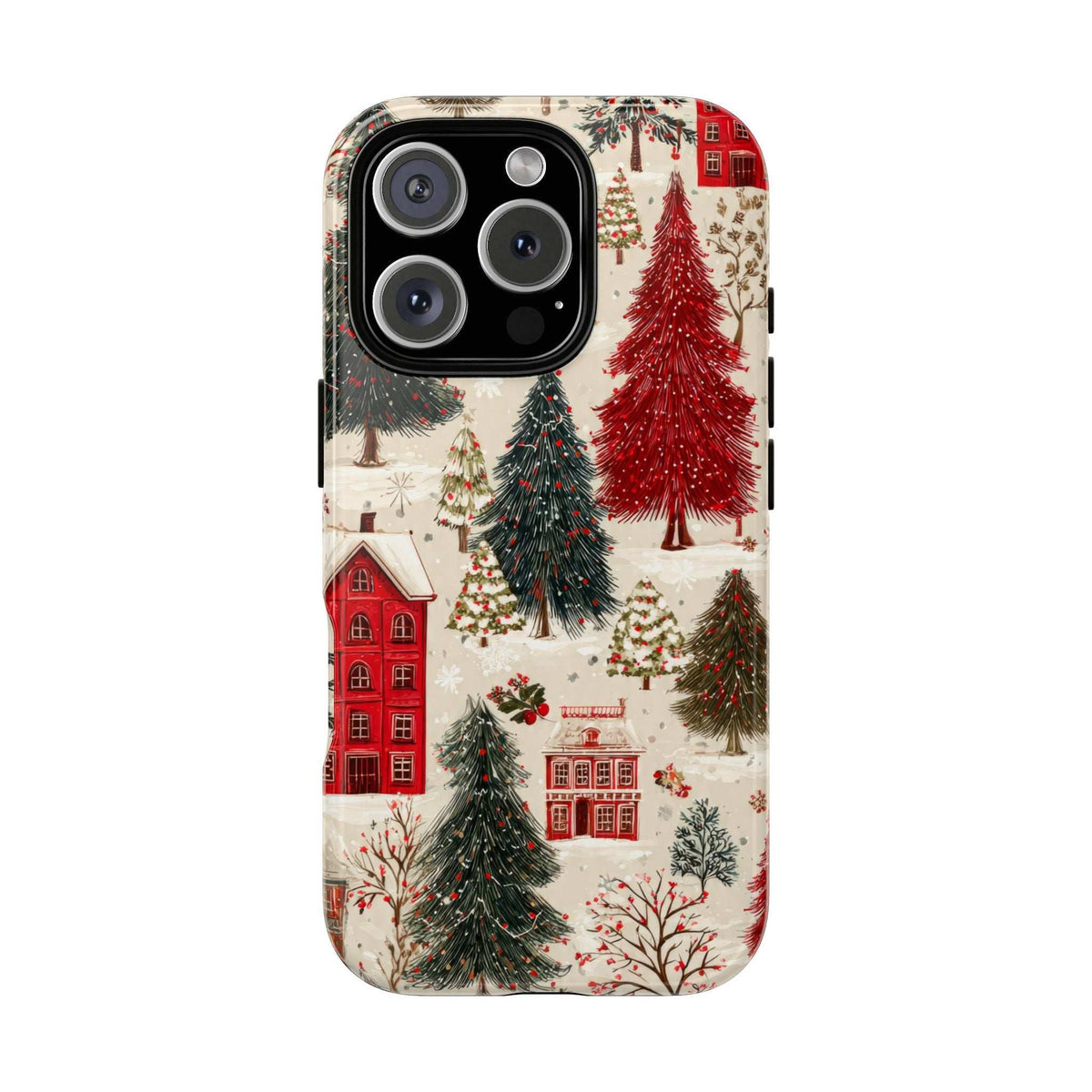 Winter village phone case with large red and green evergreen trees; dual camera cutout