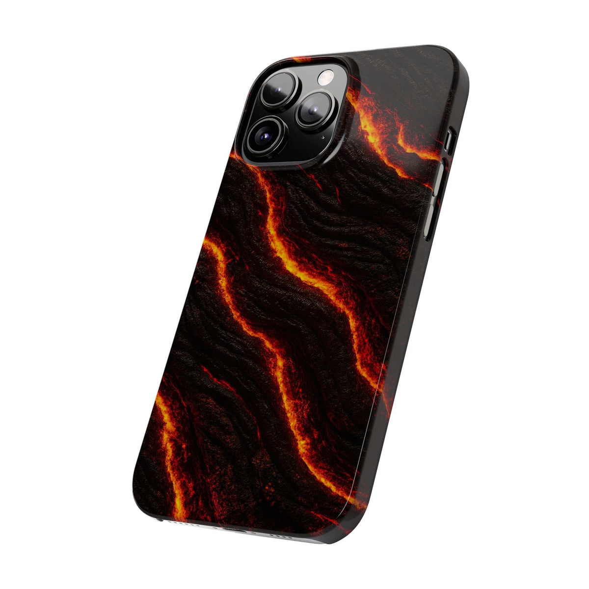 Black lava phone case with orange glowing streaks, shown from angled side with buttons.
