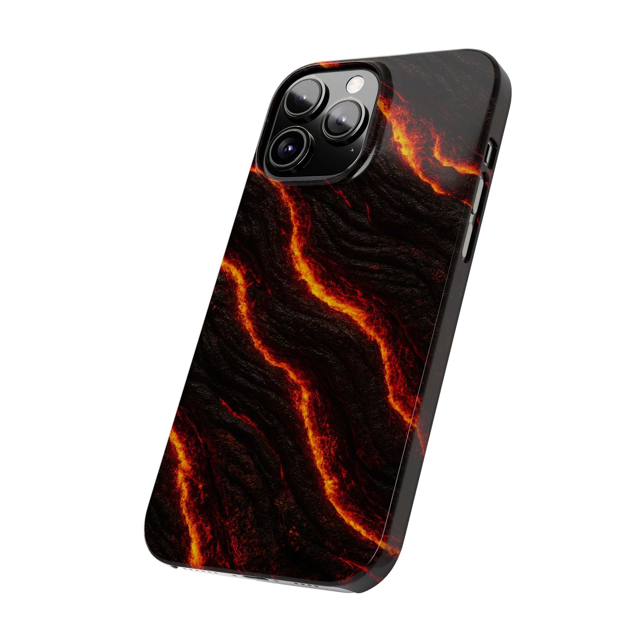 Black lava phone case with orange glowing streaks, shown from angled side with buttons.