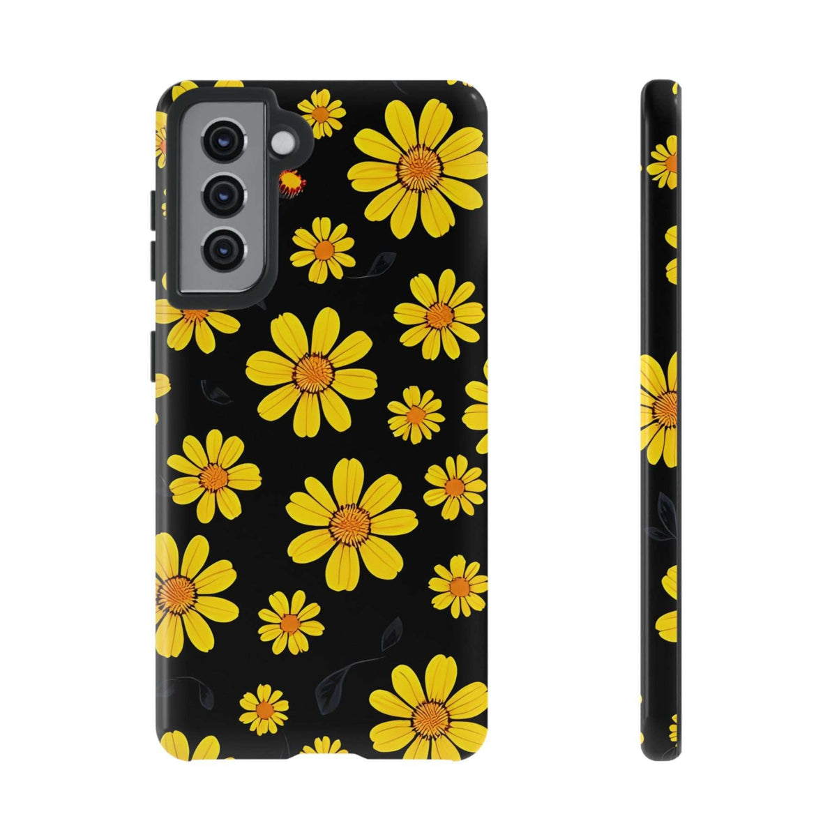 Black phone case with yellow daisies; back camera cluster and slim side view