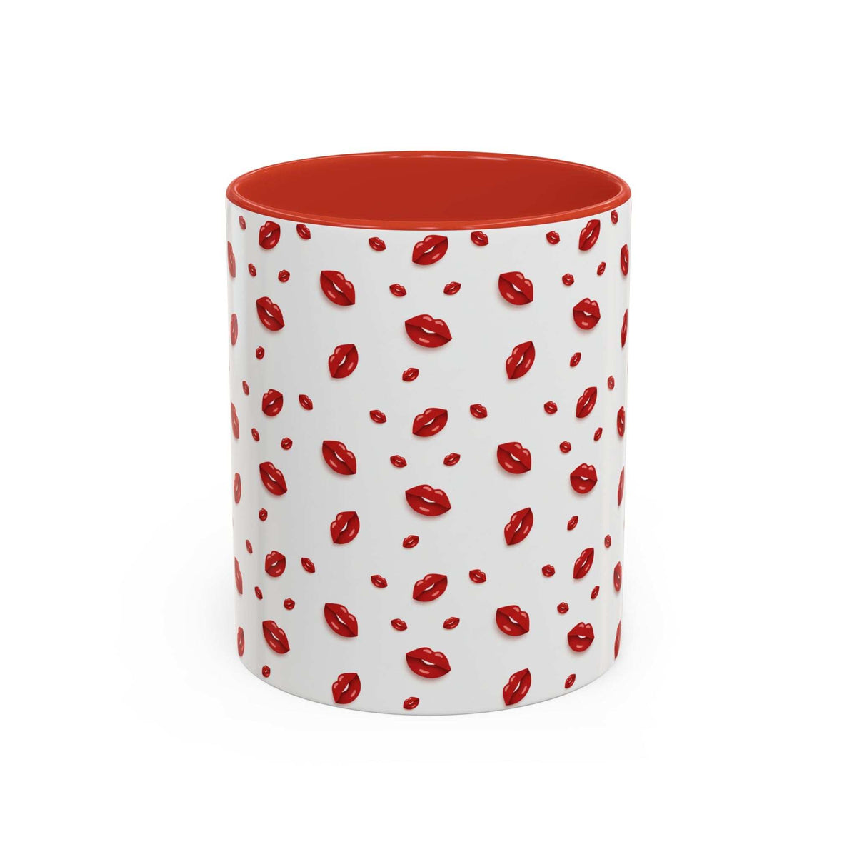Ceramic coffee mug with red lips pattern and orange interior rim