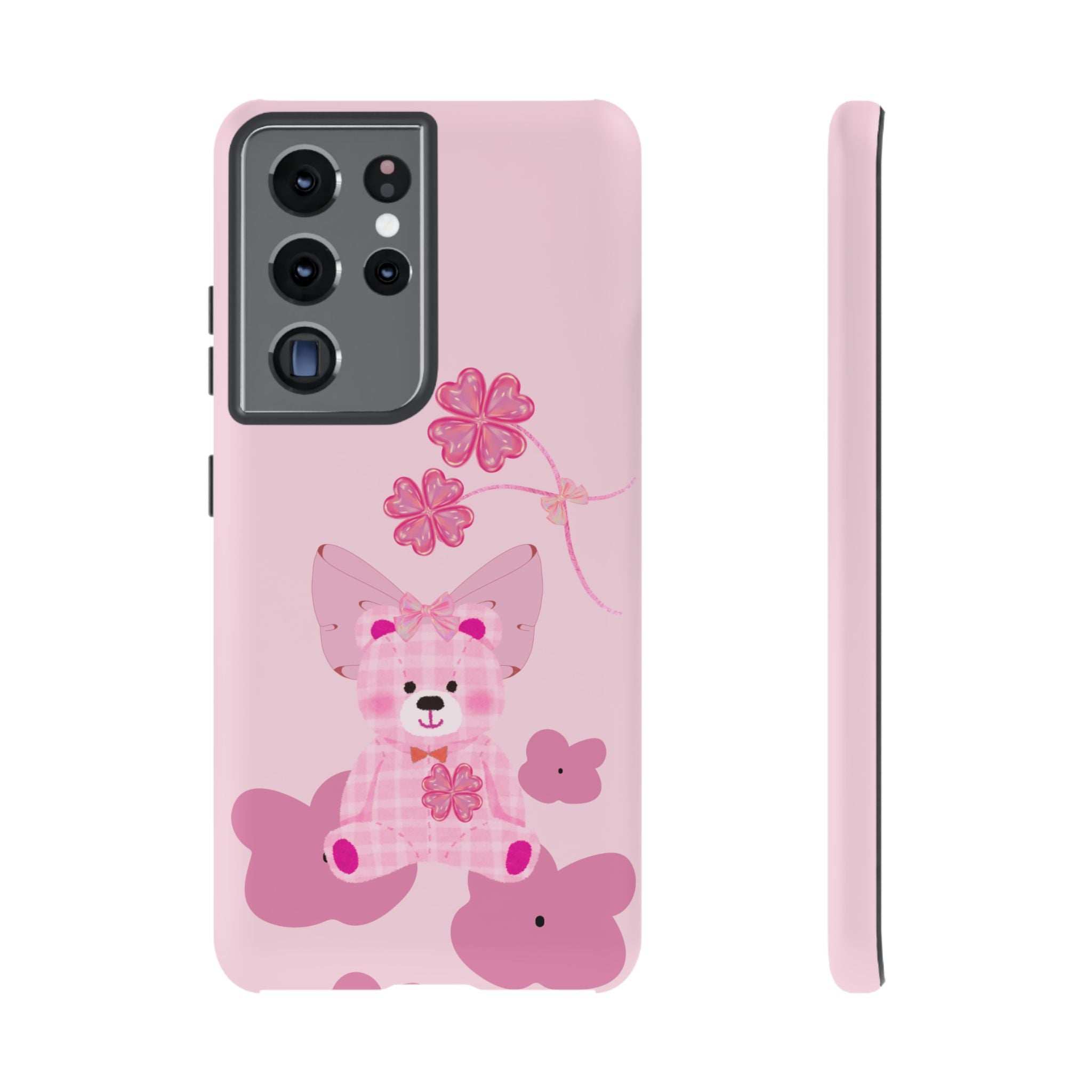 Pink phone case with teddy bear and flower graphic, showing camera cutouts
