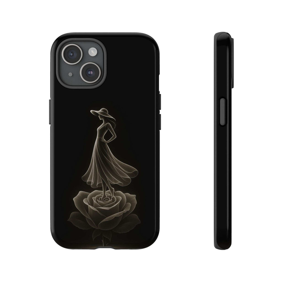 Black glossy phone case with gold ballerina and rose illustration; slim side profile