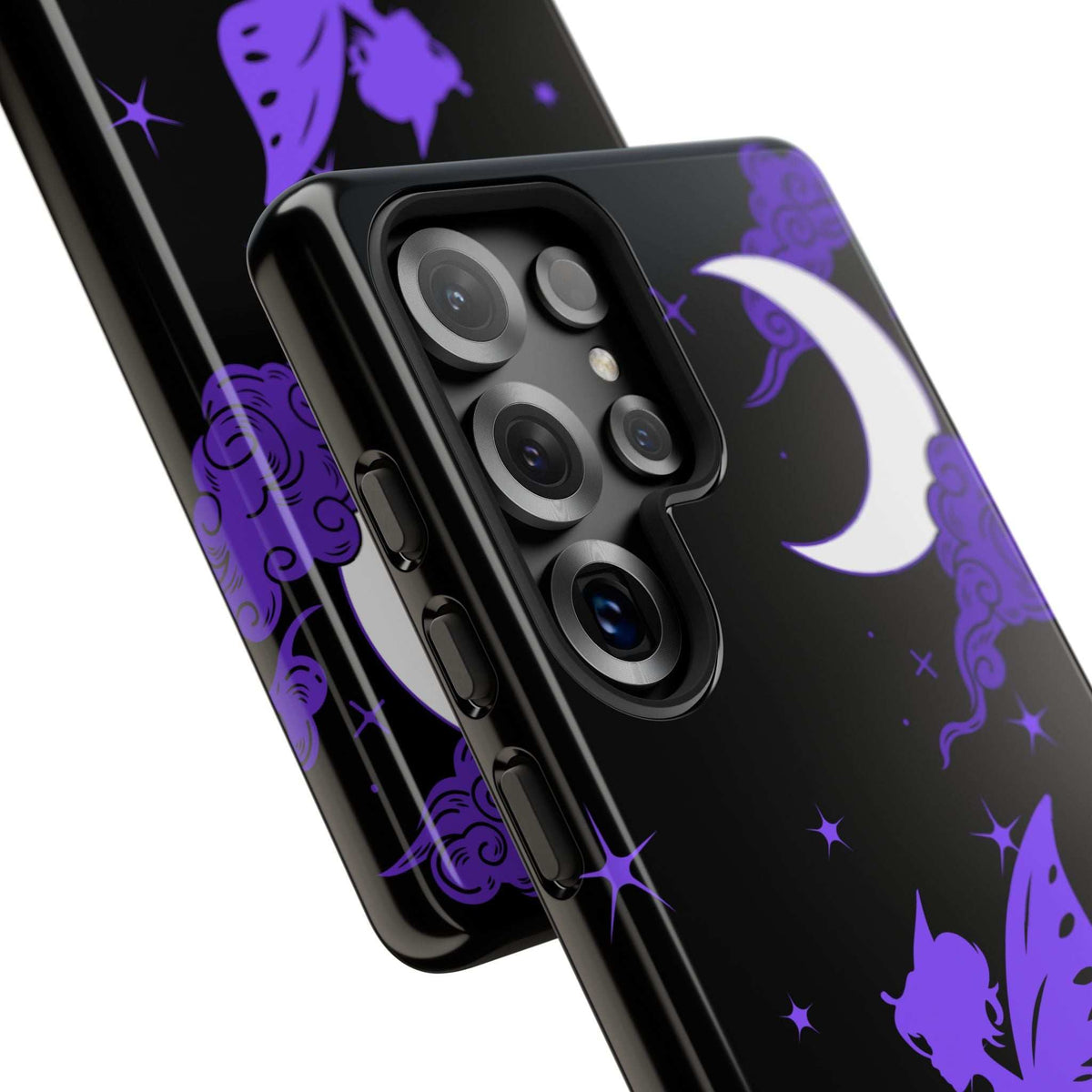 Black phone case close-up showing purple fairy graphics and camera cutouts.