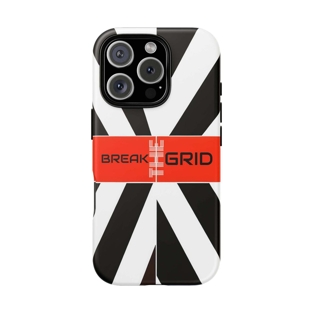 Phone case with black-and-white diagonal stripes, red Break Grid band, quad camera cutout