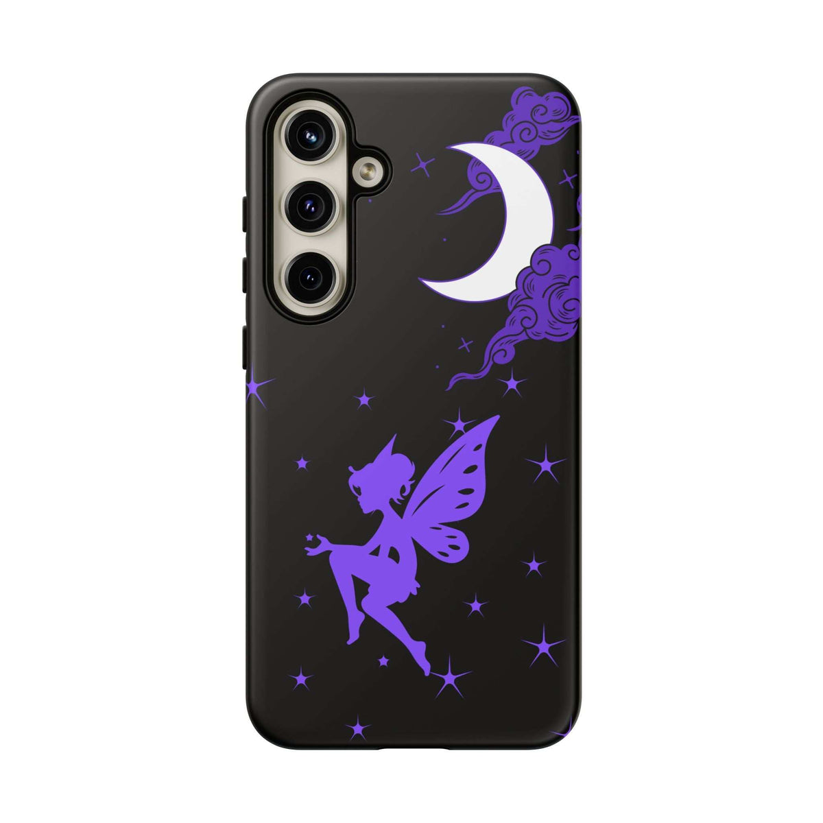 Black phone case with purple fairy silhouette, crescent moon, and purple star pattern