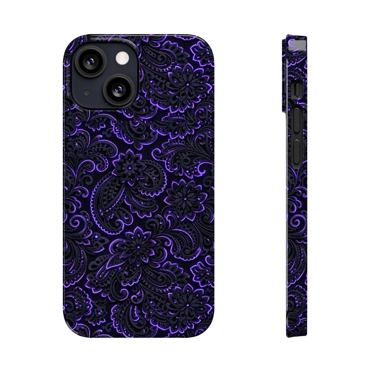 Phone case with neon purple paisley pattern, front view with multiple camera cutouts.