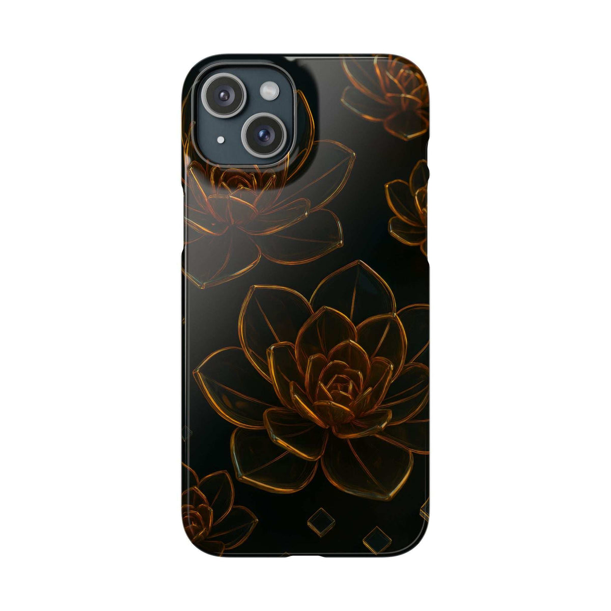 Glossy black glass phone case with gold-brown floral design and camera cutouts