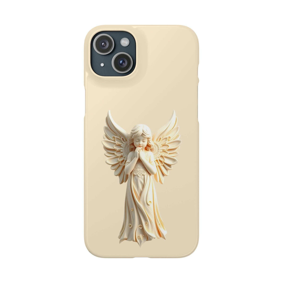 Beige phone case with winged angel print and three-lens camera cutout
