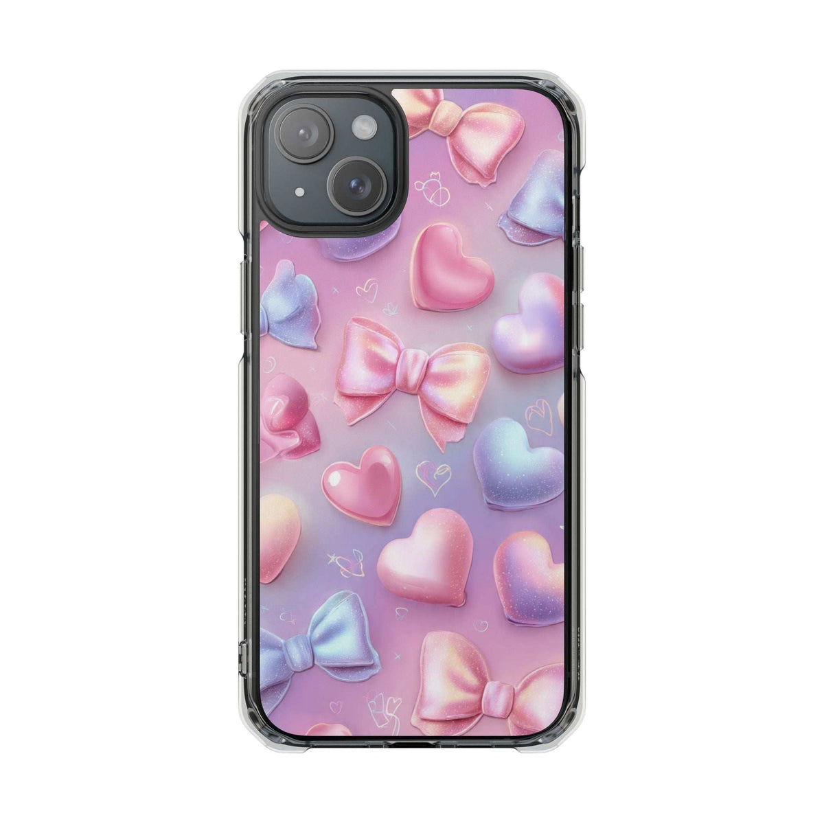 Clear protective phone case with pastel hearts and bow print; top camera openings