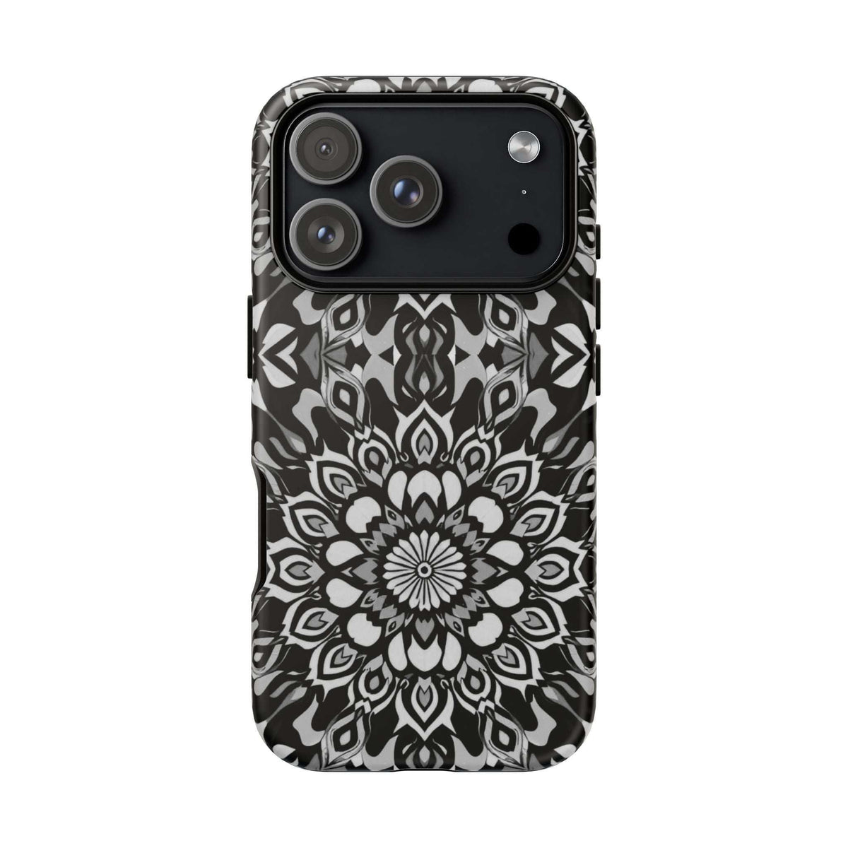 Phone case with black-and-white mandala print, triple camera cutouts and flash