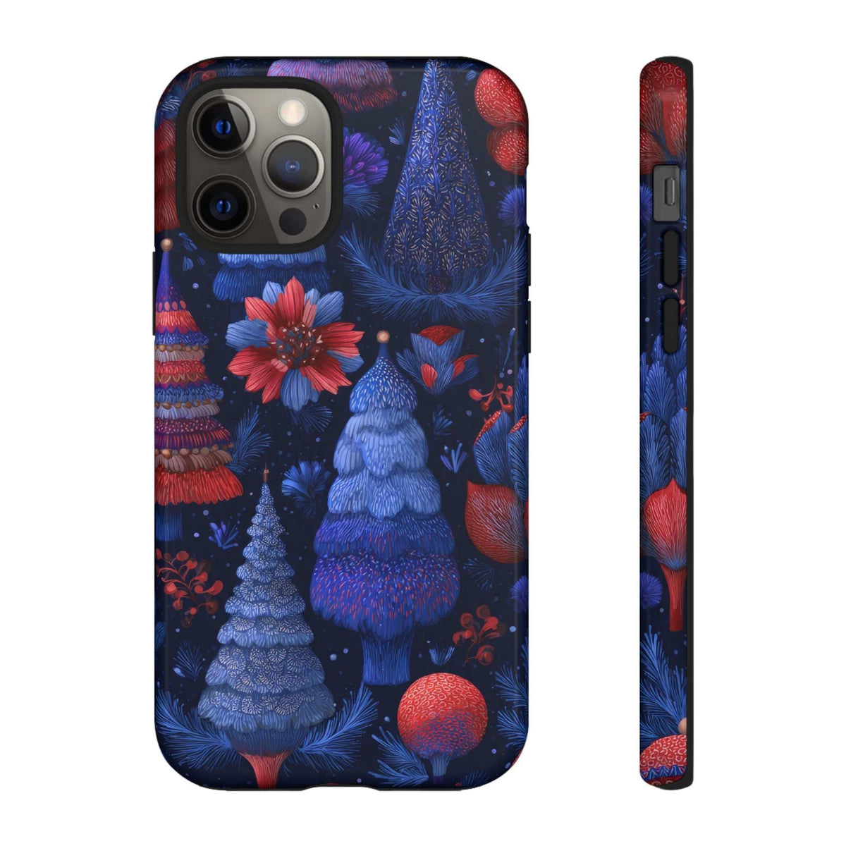 Glossy phone case showing blue pine forest with red ornaments; side profile with button cutouts.