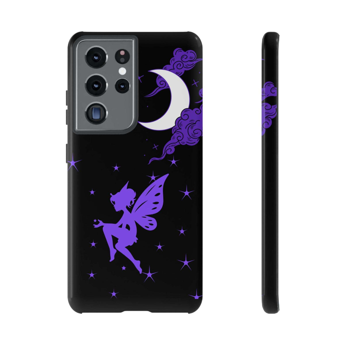 Black phone case with purple moon, clouds, and fairy wings; camera lens cutouts on back