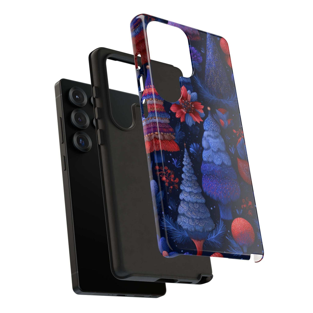 Glossy phone case with midnight blue forest pattern, red ornaments, and protective corners.