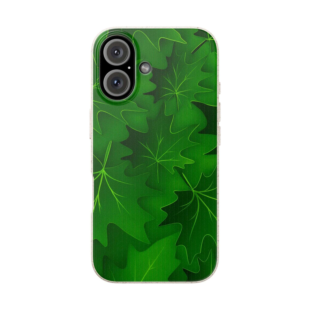 Green phone case with botanical leaf pattern and dual camera cutout with flash dot