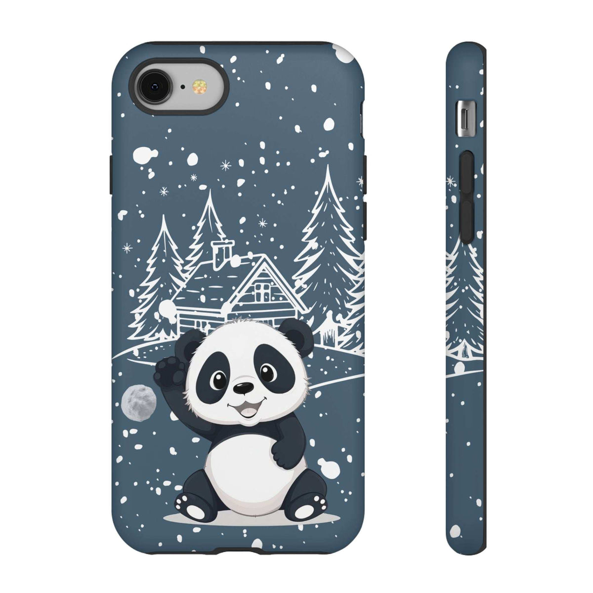 Dark blue panda phone case with snowy trees and falling snow, front and side profile